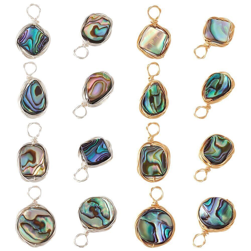 7414 16pcs Natural Abalone Shell Pendants, 8 Styles Paua Shell Dangle